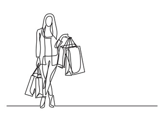 continuous line drawing vector illustration with FULLY EDITABLE STROKE of shopping woman with bags