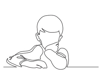 continuous line drawing vector illustration with FULLY EDITABLE STROKE of sitting boy thinking