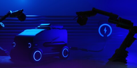 electric car charging battery station, EV vehicle transportaion  concept. 3d illustration rendering, technology of new energy, future of travel