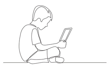 continuous line drawing vector illustration with FULLY EDITABLE STROKE of sitting boy watching laptop computer