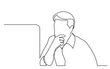 continuous line drawing vector illustration with FULLY EDITABLE STROKE of sitting computer worker focused on work