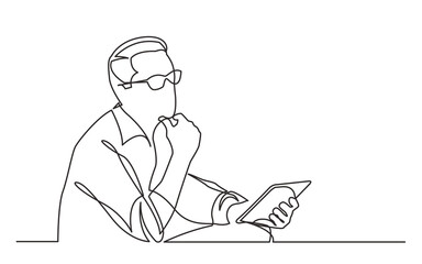 continuous line drawing vector illustration with FULLY EDITABLE STROKE of sitting man planning with tablet