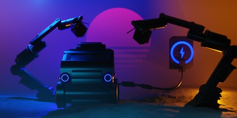 electric car charging battery station, EV vehicle transportaion  concept. 3d illustration rendering, technology of new energy, future of travel