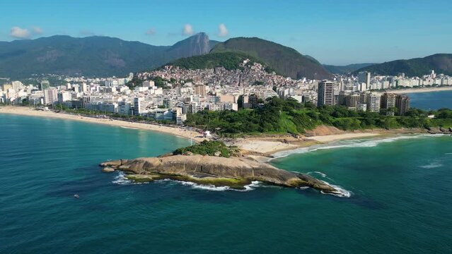 Aerial View of Arpoador Rock, Ipanema and Copacabana Beach, in Rio de Janeiro, Brazil