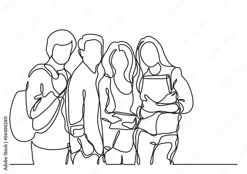 Poster continuous line drawing vector illustration with fully editable stroke of standing students