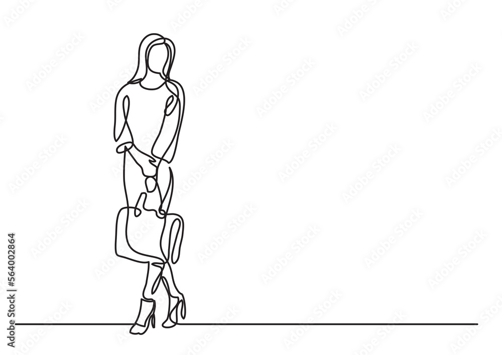 Poster continuous line drawing vector illustration with fully editable stroke of standing woman with handba