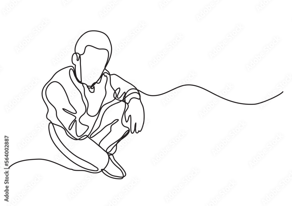 Poster continuous line drawing vector illustration with fully editable stroke of thinking man