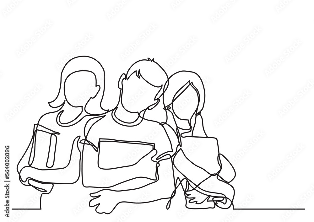 Poster continuous line drawing vector illustration with fully editable stroke of three standing school kids