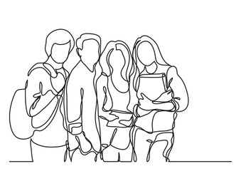 continuous line drawing vector illustration with FULLY EDITABLE STROKE of standing students