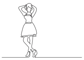 continuous line drawing vector illustration with FULLY EDITABLE STROKE of standing woman in dress