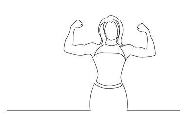 continuous line drawing vector illustration with FULLY EDITABLE STROKE of standing woman showing strong muscles
