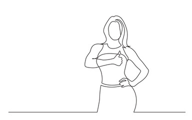 continuous line drawing vector illustration with FULLY EDITABLE STROKE of standing woman showing thumb up