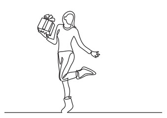continuous line drawing vector illustration with FULLY EDITABLE STROKE of standing woman with christmas gift