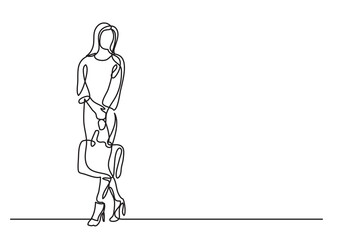 continuous line drawing vector illustration with FULLY EDITABLE STROKE of standing woman with handbag