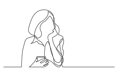 continuous line drawing vector illustration with FULLY EDITABLE STROKE of thinking woman holding cell phone