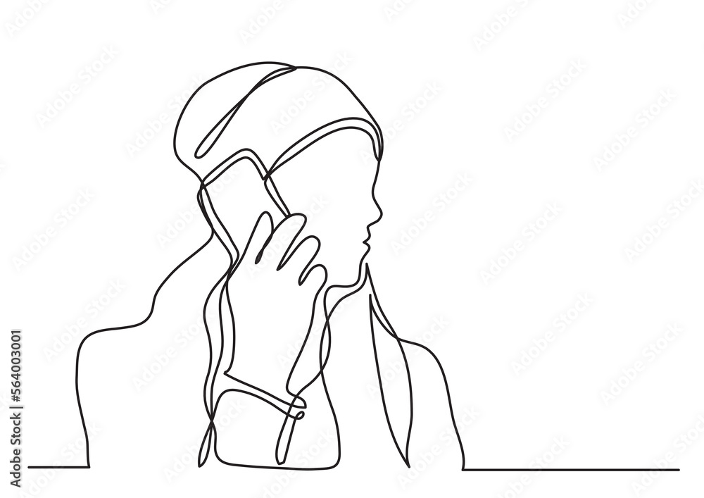 Sticker continuous line drawing vector illustration with fully editable stroke of woman talking on cell phon