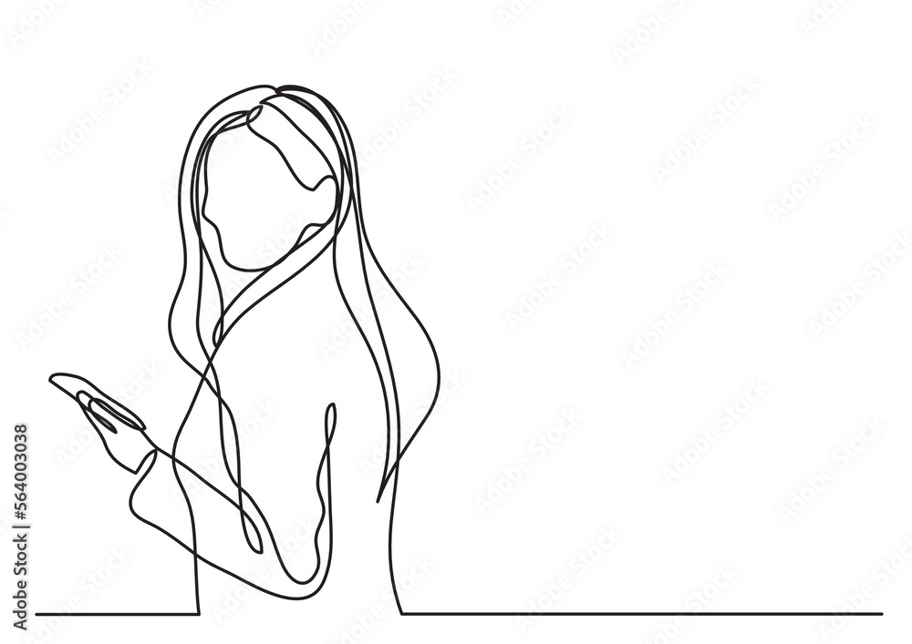 Wall mural continuous line drawing vector illustration with fully editable stroke of woman with mobile phone