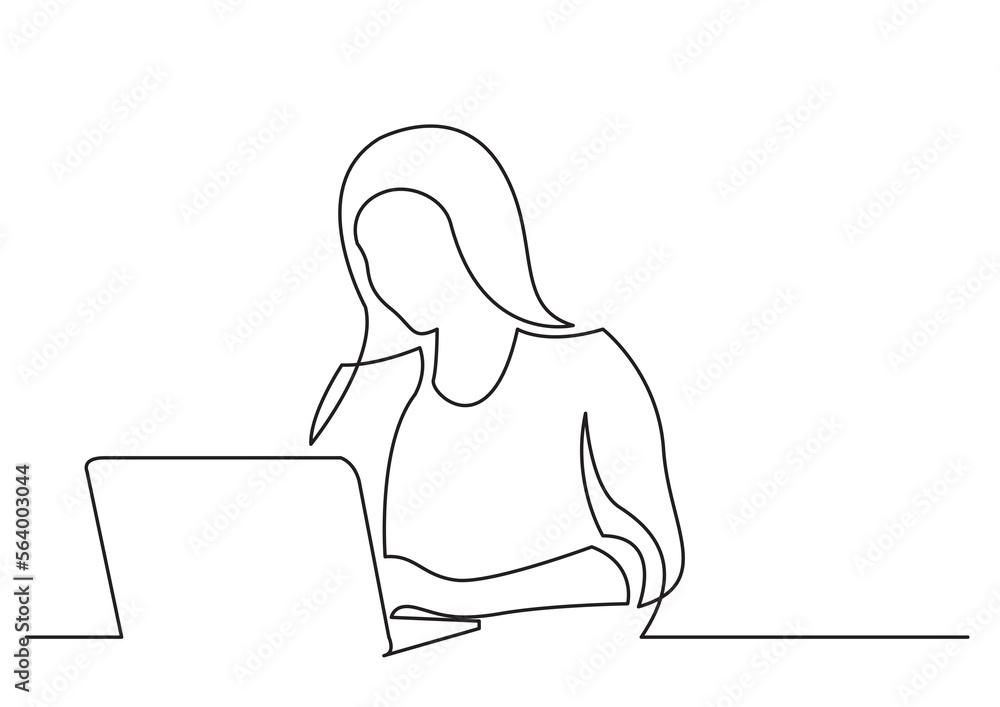 Poster continuous line drawing vector illustration with fully editable stroke of woman working on laptop co
