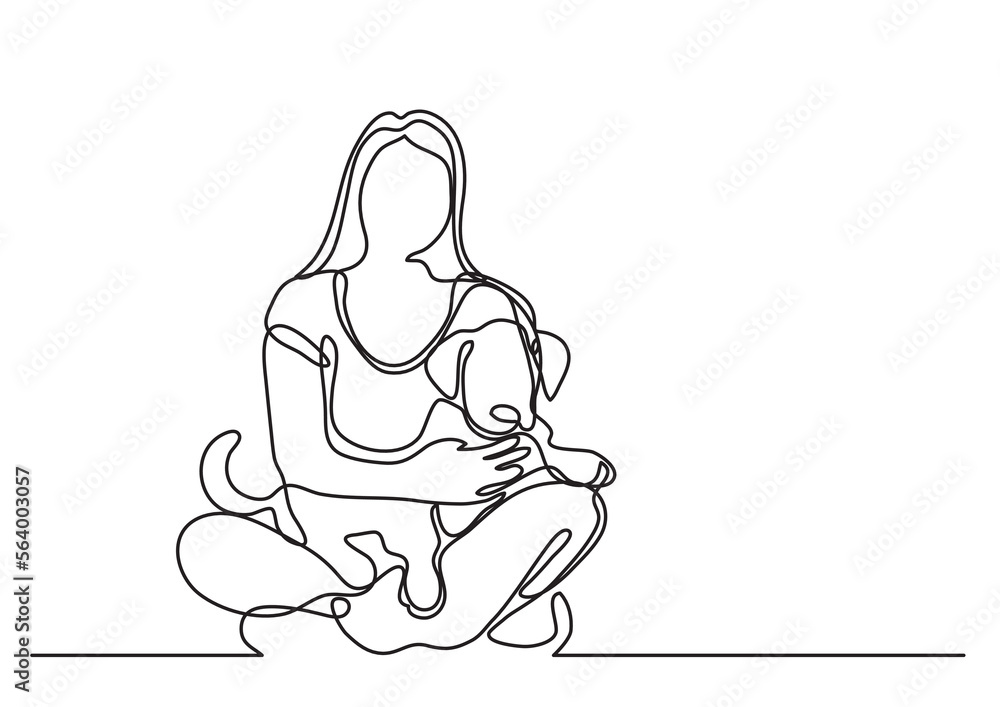 Poster continuous line drawing vector illustration with fully editable stroke of wonam sitting with dog