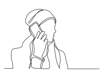 continuous line drawing vector illustration with FULLY EDITABLE STROKE of woman talking on cell phone