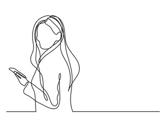 continuous line drawing vector illustration with FULLY EDITABLE STROKE of woman with mobile phone