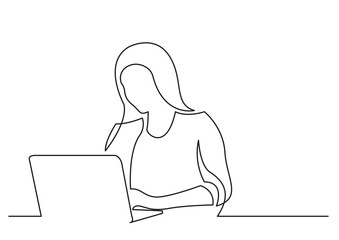 continuous line drawing vector illustration with FULLY EDITABLE STROKE of woman working on laptop computer - obrazy, fototapety, plakaty
