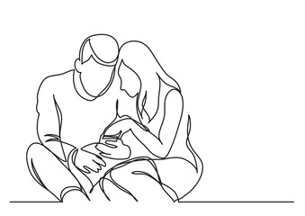 continuous line drawing vector illustration with FULLY EDITABLE STROKE of young couple watching mobile phobe
