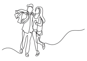 continuous line drawing vector illustration with FULLY EDITABLE STROKE of young fashionable couple with shopping bags