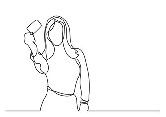 continuous line drawing vector illustration with FULLY EDITABLE STROKE of young woman showing credit card