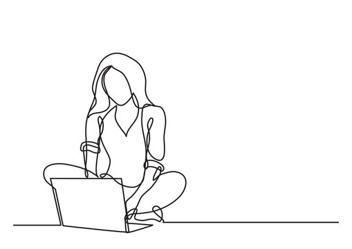 continuous line drawing vector illustration with FULLY EDITABLE STROKE of woman with laptop