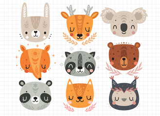 Cute Boho animals - rabbit, deer, koala, fox, bear, panda, raccoon, owl, cat. Childish characters for your design.