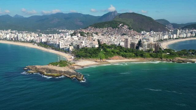 Aerial View of Arpoador Rock, Ipanema and Copacabana Beach, in Rio de Janeiro, Brazil