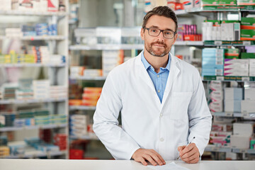 Pharmacy, writing and pharmacist man in portrait for medicine, product or healthcare insurance...