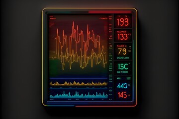 Cardiogram health status, body temperature and anomaly detection, health sensors in neon colors. - obrazy, fototapety, plakaty