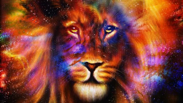 Portrait lion in cosmic space. Eye contact. Loop Animation