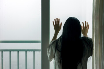 The back of a woman looking out the window, A fog-shrouded city view through the banister