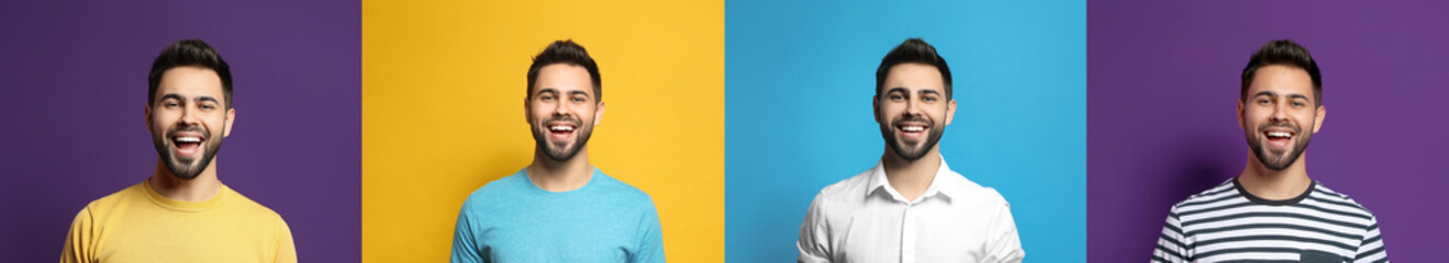 Collage with portraits of happy man on different color backgrounds