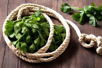 cilantro and rope, coliander leaves on wooden surface