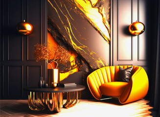 luxury dark yellow and gold mockup of an art modern style interior featuring a marble of the wall furniture. generative ai