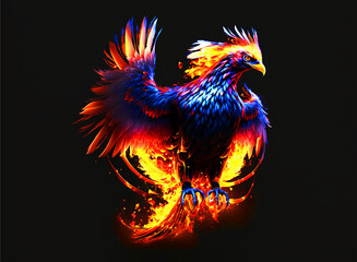Fototapeta premium luxury elegant A flaming red-eyed phoenix with a flaming body burnning, wings and tail Rebirth mythological symbol Fantasy firebird. generative ai