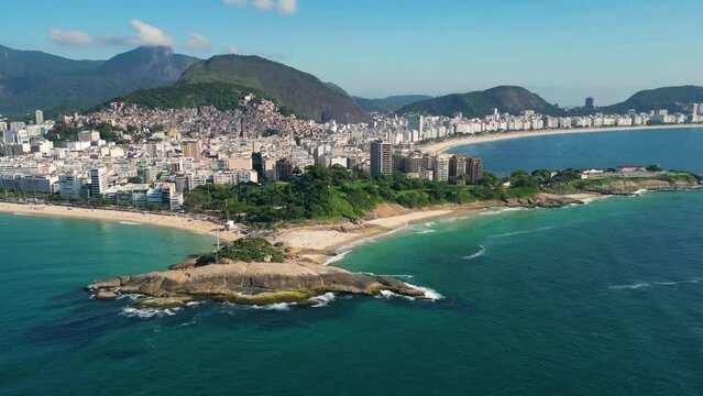 Aerial View of Arpoador Rock, Ipanema and Copacabana Beach, in Rio de Janeiro, Brazil