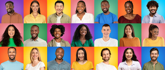 Fototapeta na wymiar Happy Millennials. Group Of Joyful Young Multiethnic People Over Colorful Studio Backgrounds