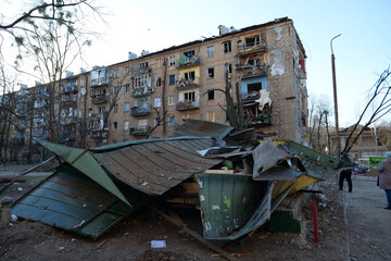 Fototapeta na wymiar Russian missile destroyed houses and garage in residential area in Kyiv, Ukraine