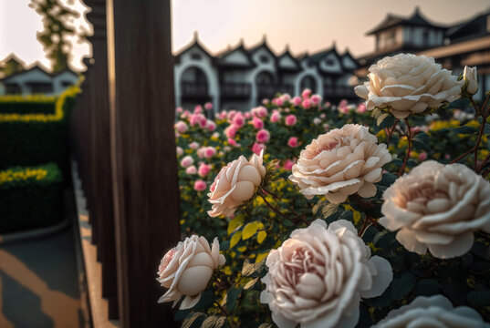 Lush rose flowers in fuli bloom more than 1,000 rose flowers grow on the white fence  background,generative ai.