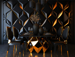 luxury Modern dining room area with black gold wall furniture. generative ai