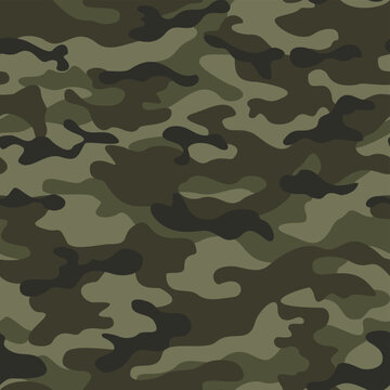 Army khaki camo seamless pattern, vector texture, modern print, forest hunting background.