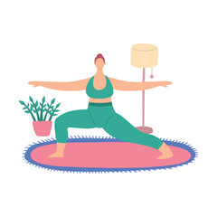 Cartoon Color Character Woman Home Yoga Virabhadrasana Warrior Position Active Lifestyle Concept Flat Design Style. Vector illustration