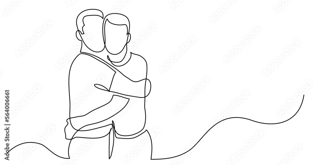 Poster continuous line drawing vector illustration with fully editable stroke - of gay couple hugging each 