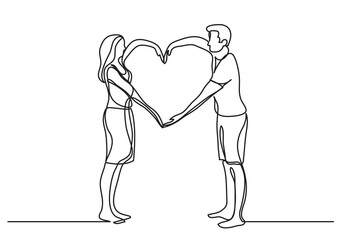 continuous line drawing vector illustration with FULLY EDITABLE STROKE - loving couple showing heart sign