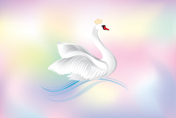 Swan princess with crown over blur multicolor gentle fairytale background. Valentine's day holiday love passion birthday greeting card background. White bird illustration